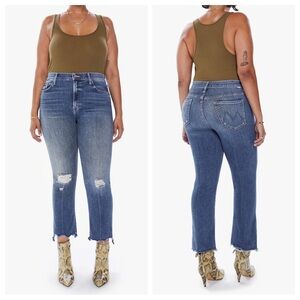 mother - the insider crop step chew jeans chewed-up hem high waist bootcut